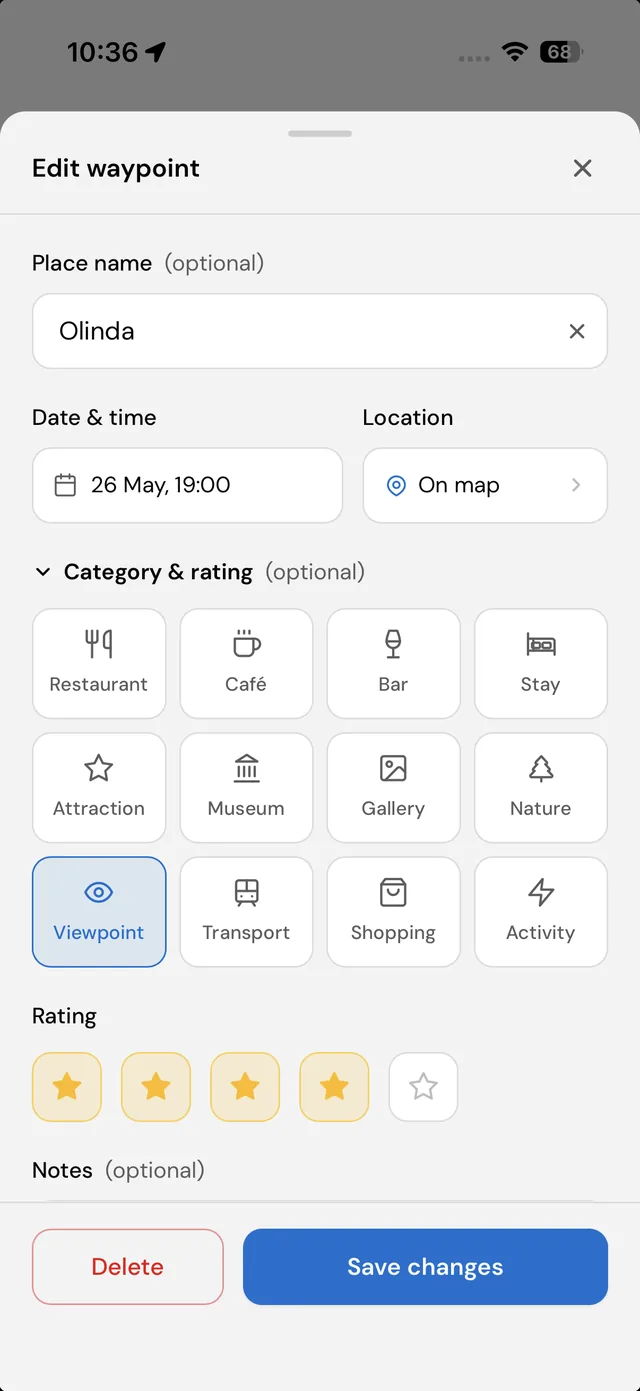 The edit-waypoint sheet on an iPhone: place name Olinda, date and time, a location picker, a grid of twelve category icons with Viewpoint selected, and a four-star rating.