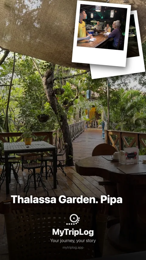 A day story card for Thalassa Garden, Pipa — a photograph of a wooden deck among tropical trees, with a smaller snapshot layered on top.