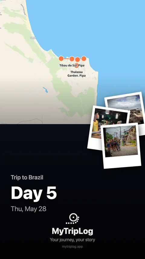 A day story card headed Day 5, Thursday 28 May of a trip to Brazil — a map of the Pipa coastline with the day's waypoints marked, and three snapshots layered below it.