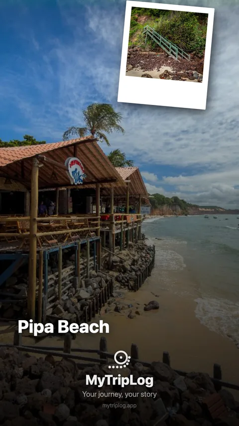 A day story card for Pipa Beach — a photograph of a beach bar on stilts above the sand under a blue sky.